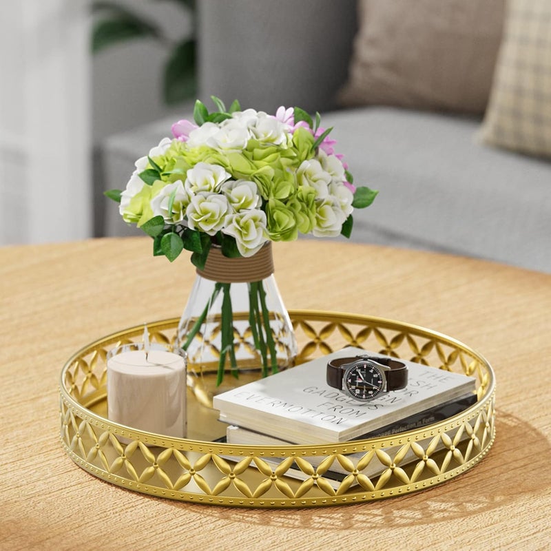 EKNITEY Bathroom Counter Vanity Tray - Perfume Makeup for Dresser Tops Gold Round Serving Candle Decorative Storage Home Decor 11'' Floral-gold - Image 4